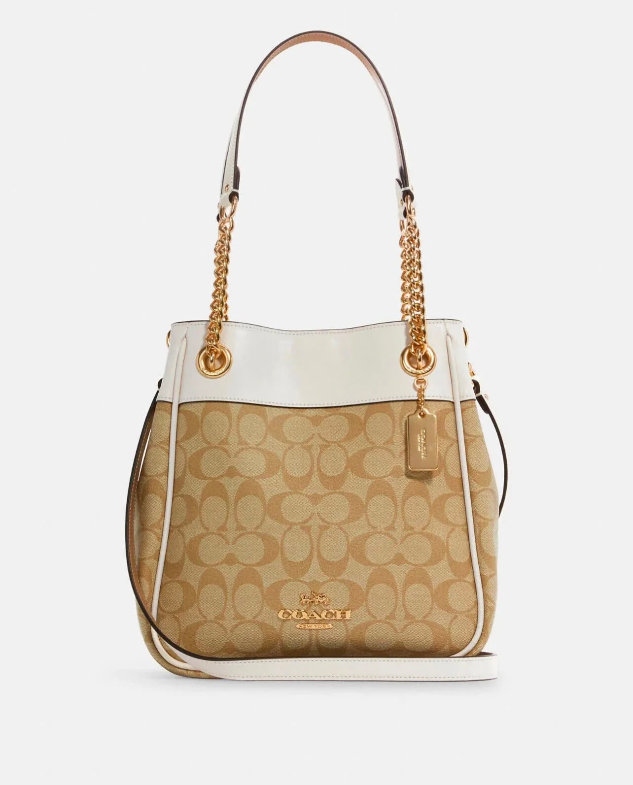 Coach Cammie Chain Signature Canvas Leather Bucket Small Bag - Khaki Chalk