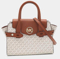 Michael Kors White Tan Signature Coated Canvas and Leather Carmen Satchel Bag Small