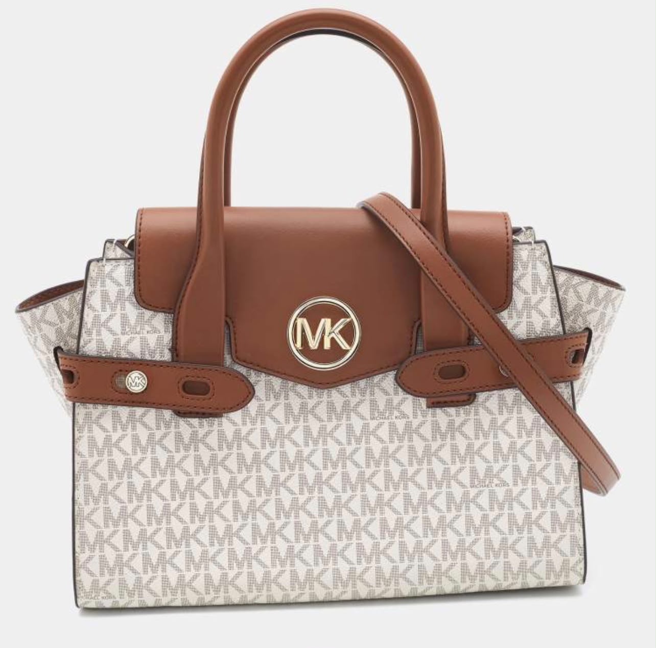 Michael Kors White Tan Signature Coated Canvas and Leather Carmen Satchel Bag Small